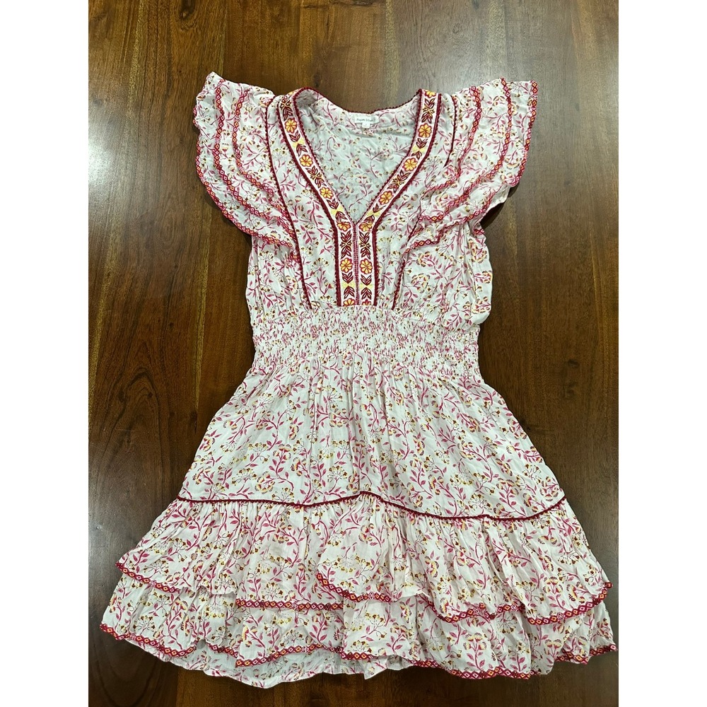 Poupette St Barth Mini Dress Camila Pink Floral Smocked Ruffle Boho Pink Size S